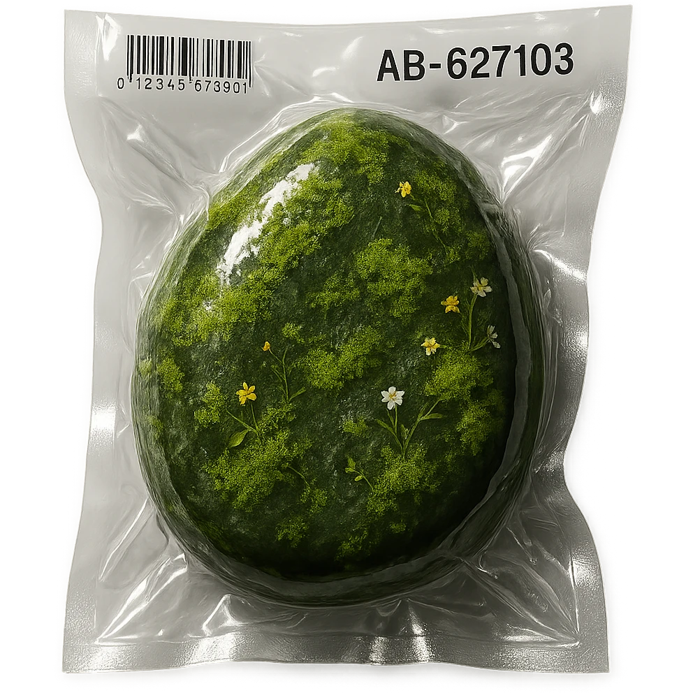 smooth stone with thick moss and scattered small flowers, glossy emoji