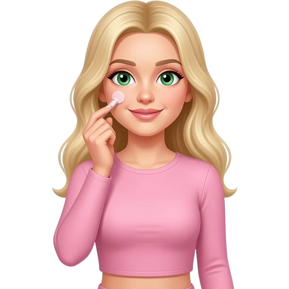 White Blonde girl with long hairs, green eyes wearing long sleeves crop pink doing your skin care emoji
