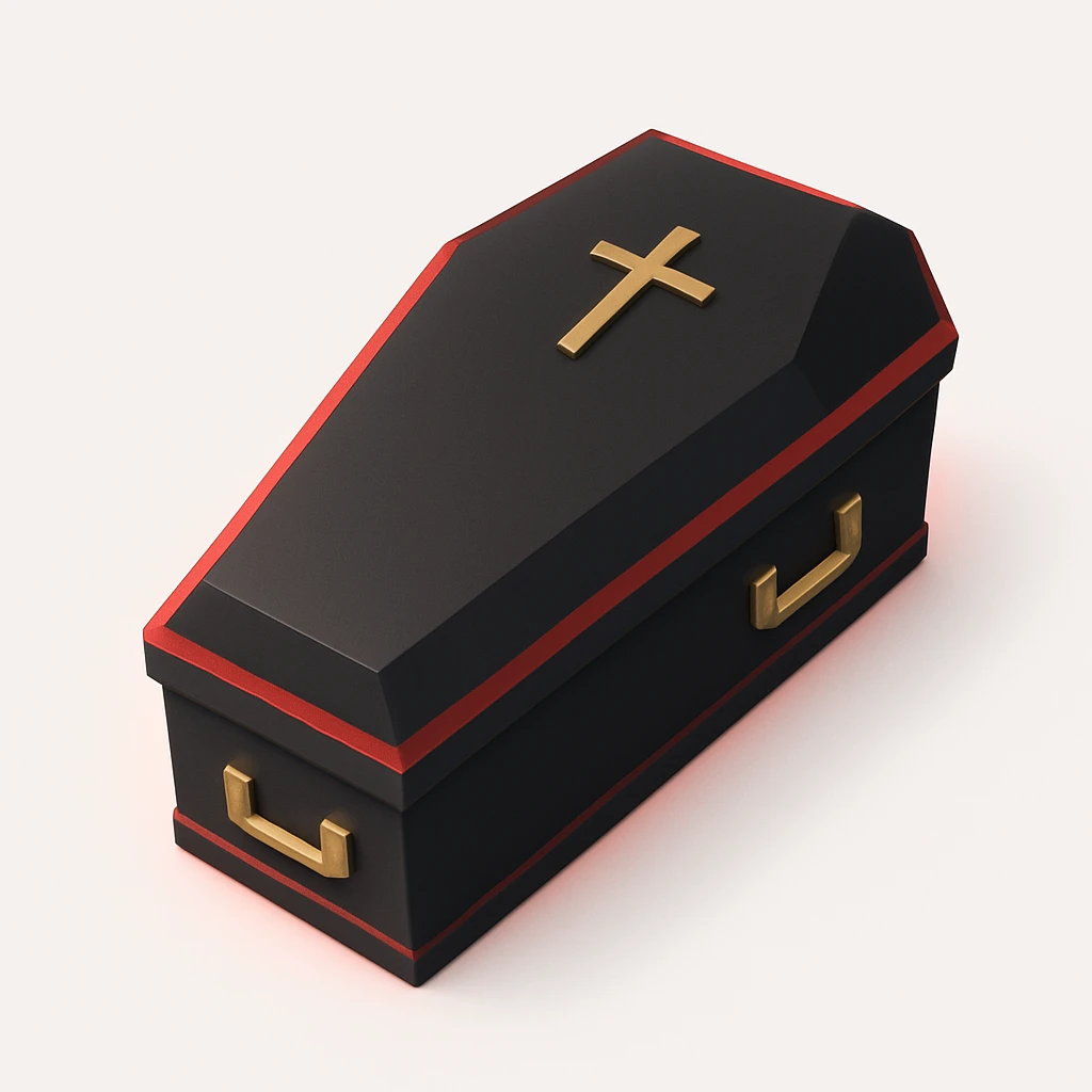3D coffin, black with red accents, dramatic lighting emoji