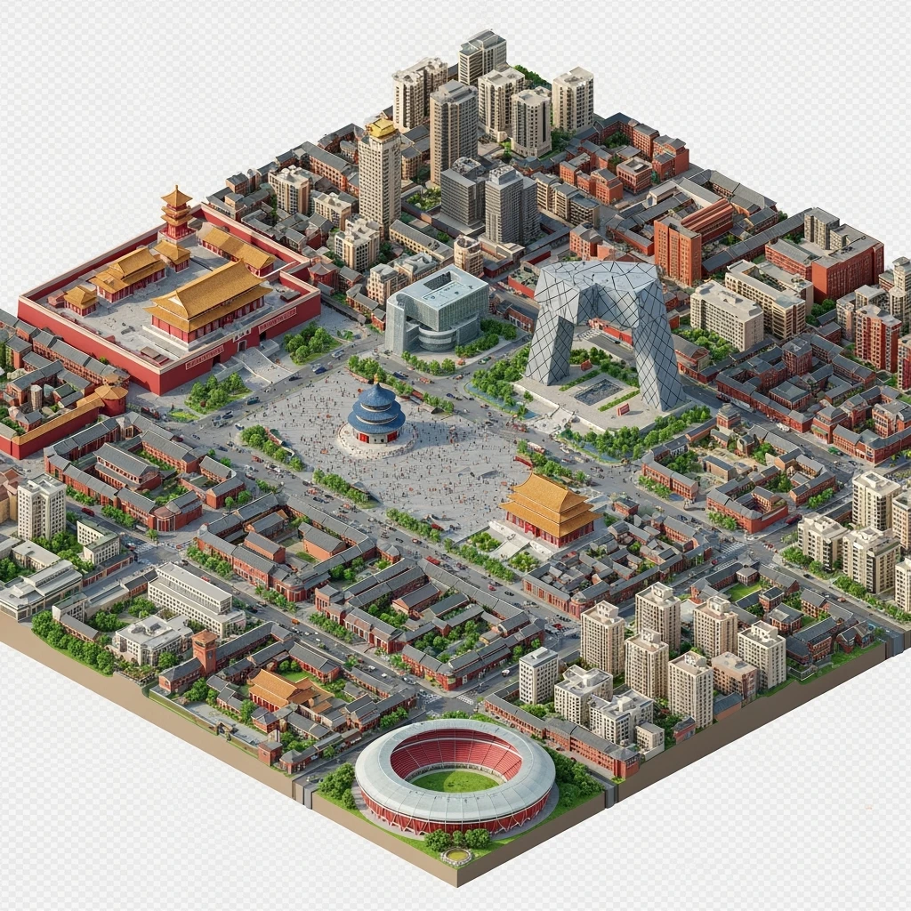 Isometric miniature of Beijing Forbidden City, Tiananmen Square, CCTV Headquarters, Temple of Heaven, Beijing National Stadium and crowded hutong alleys, sprawling apartment blocks, 3D miniature effect and Tilt Shift effect, no cartoonish look, transparent background. emoji
