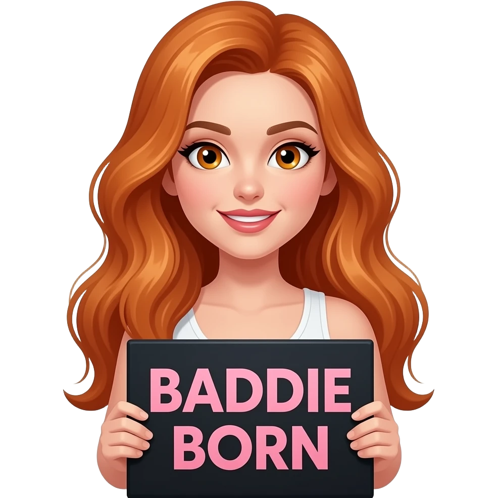 sexy girl with long ginger hair and ginger eyes wearing a white tanktop is holding a black sign with BADDIE BORN in the 2000s written on it emoji