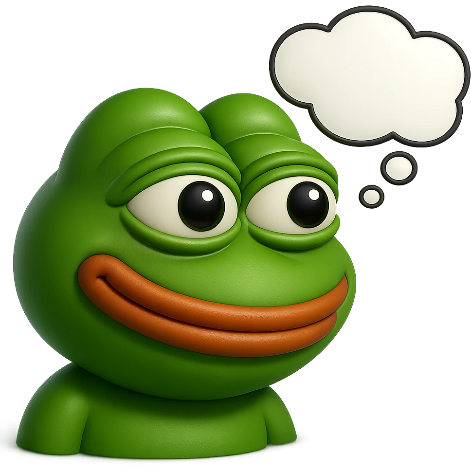make a pepe in bright green smiling with thought bubble looking at right side in 3d style, good highlights and shadows, drop shadows  emoji
