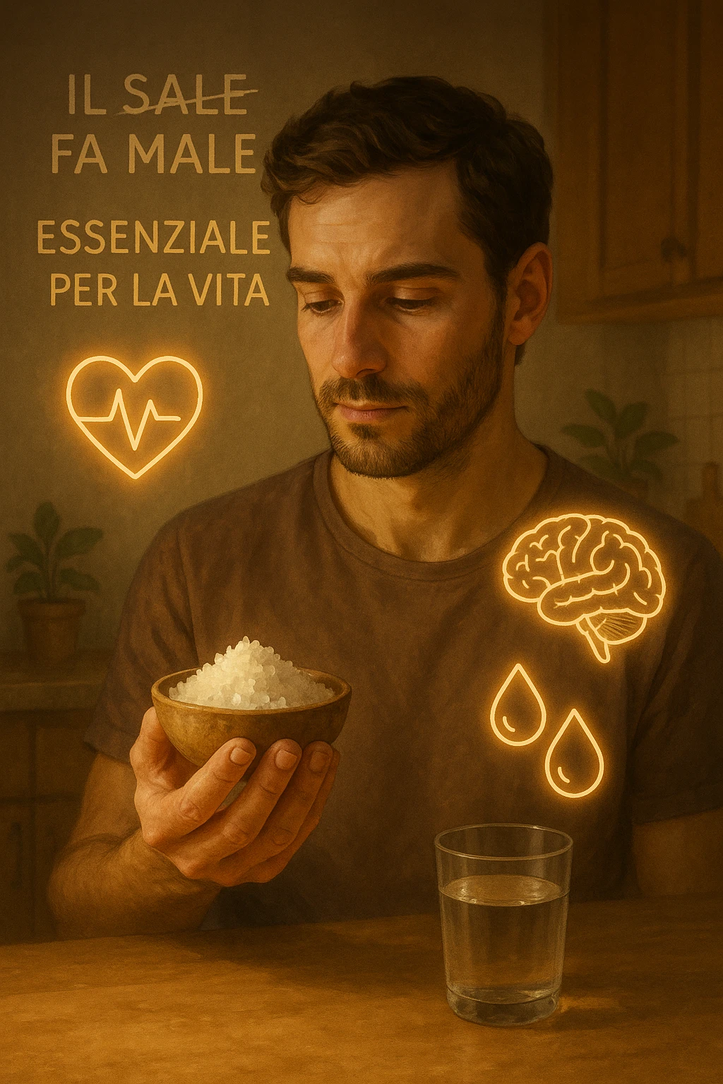 A realistic, cinematic illustration of a man in his early 30s holding a small bowl of unrefined sea salt in his hand, looking at it with awareness and respect. Around him, glowing minimalistic symbols of a beating heart, a brain, and hydrated cells appear, indicating the essential role of sodium in hydration, nerve conduction, and overall cellular health. In the background, faint text or floating words show the false myths: ‘Il sale fa male’, crossed out gently, while the phrase ‘Essenziale per la vita’ glows softly. The setting is a warm, softly lit kitchen with a glass of water nearby, emphasizing balance. The color palette is warm, natural, and calming, emphasizing that salt, when used consciously, is vital for human health, against common misconceptions demonizing it. emoji
