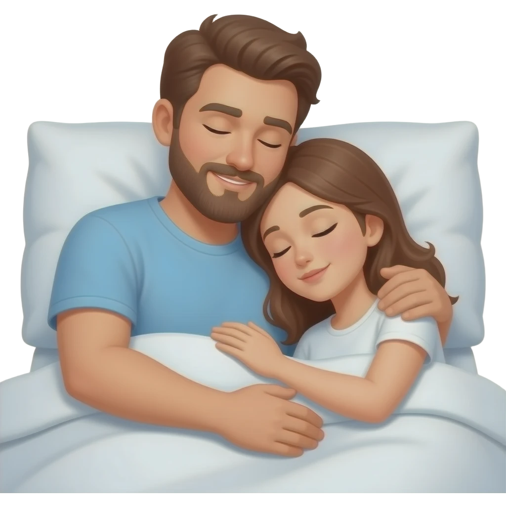 Realistic white man brown hair with beard hugging while sleeping in bed with white girl brown hair emoji