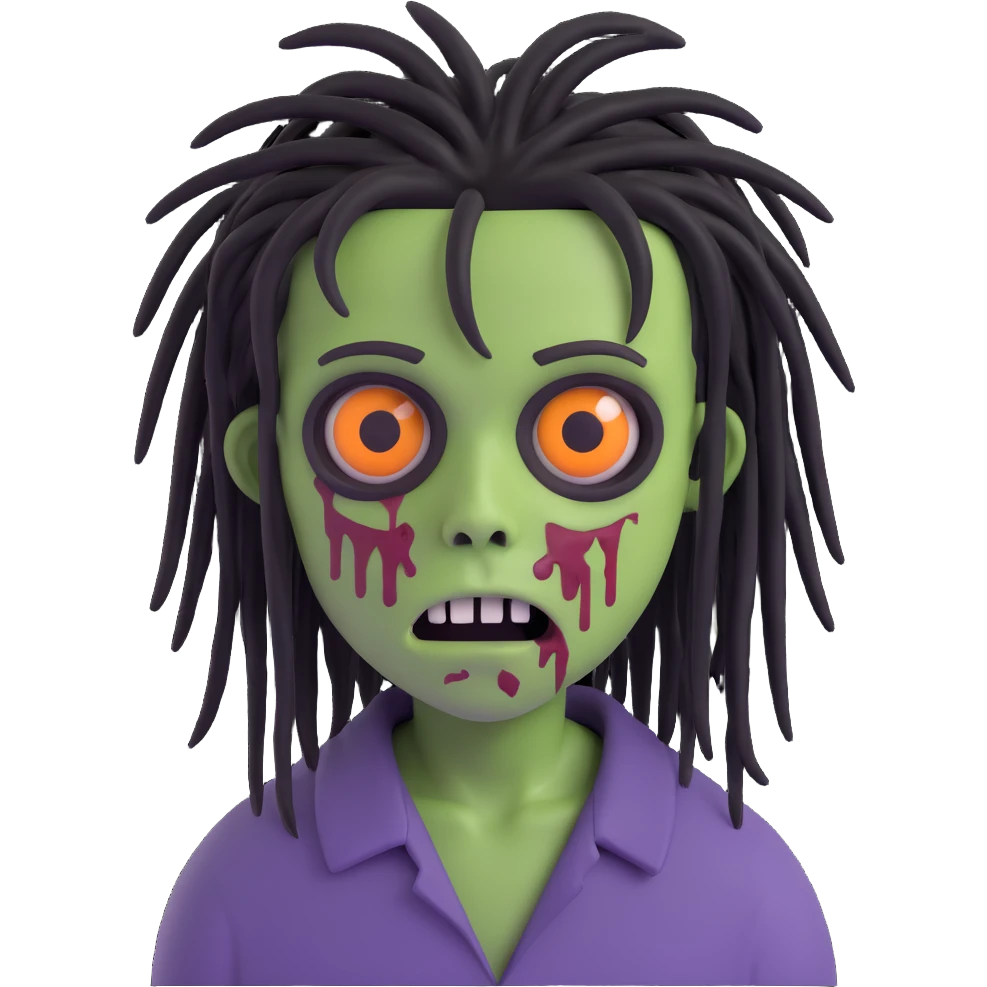 boy zombie with black medium-long emo dreadlocks, dark and spooky, creepy expression emoji