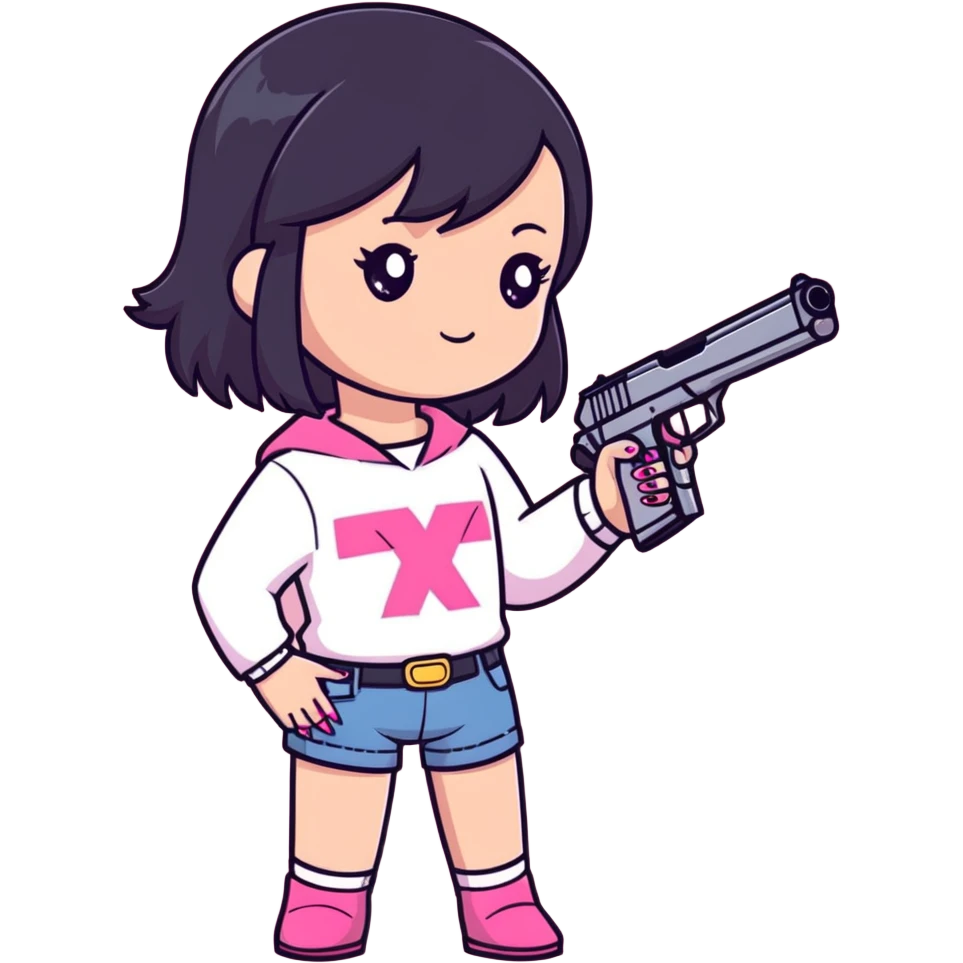 White Girl dark hair hand pink nails holding pink gun emoji