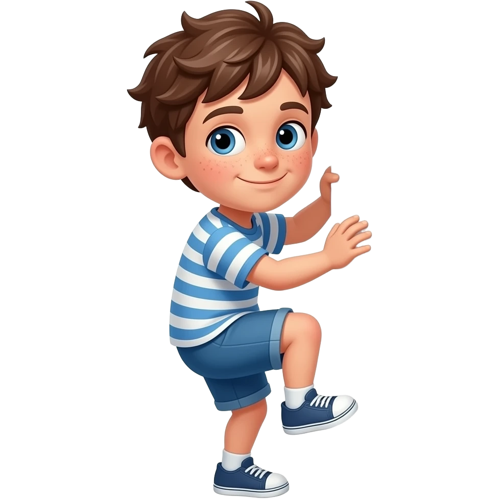 Hazme un chico con pelo rebelde castaño, ojos azules y unas pecas. que este escalando de espaldas emoji