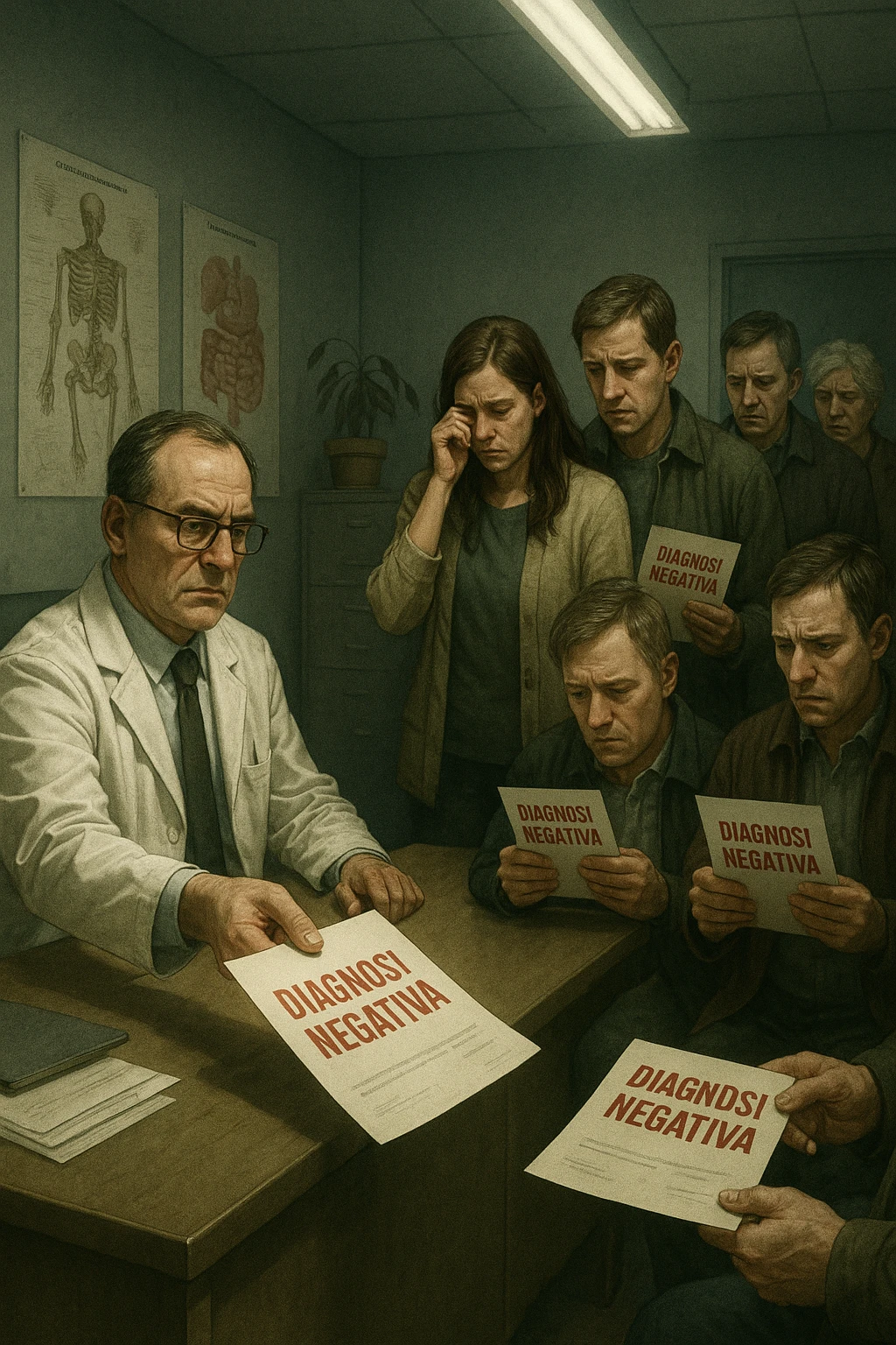 A realistic, cinematic illustration set in a dull, grey-toned medical office. A middle-aged male doctor in a white coat with a stern, cold expression is seated at his desk, handing out medical reports with large red ‘Negative Diagnosis’ stamps to each patient in line. The patients, of various ages and appearances, stand in a line, each looking increasingly sad, defeated, and demoralized as they receive their papers, with slumped shoulders and empty gazes. One young woman wipes away a tear, while a man stares at the paper in shock. The background shows medical posters, a faded plant, and harsh fluorescent lighting, emphasizing the cold, mechanical environment. The mood is heavy, illustrating how negative diagnoses delivered without empatia can deeply affect the mental health and morale of patients. The style is realistic, with subtle filmic grain, emphasizing emotional impact and the weight of medical words on people’s lives. in italiano emoji