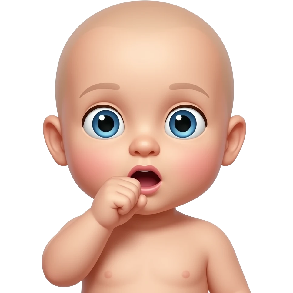 a bald white baby with his fist up to his mouth like hes suprised emoji