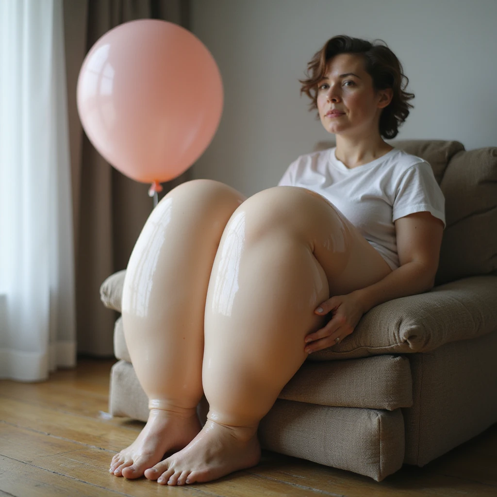 realistic woman with very swollen legs like balloons, posing next to a large balloon to highlight the swelling of the legs, natural colors, neutral atmosphere emoji