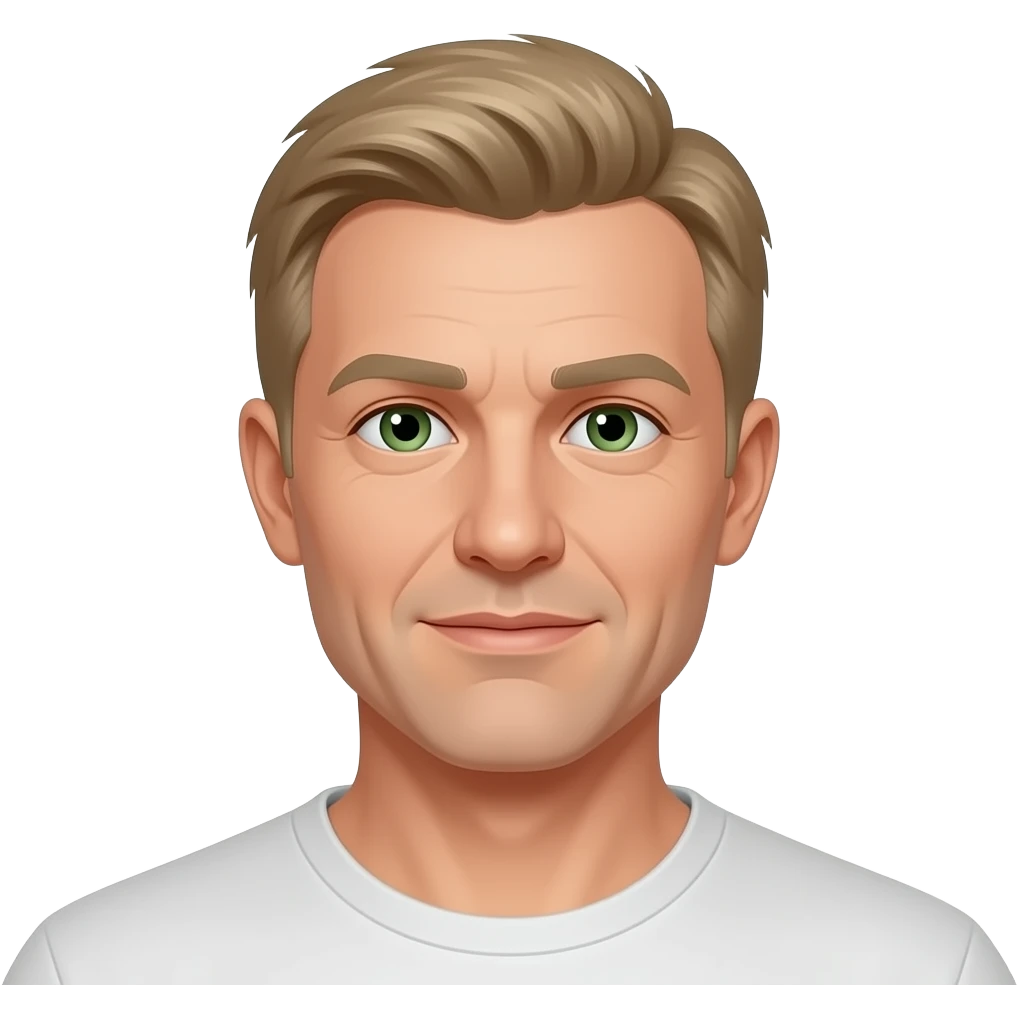 males, 40s, fair hair, dirty blonde short hair, green eyes, pale skin, round face, no face lines emoji