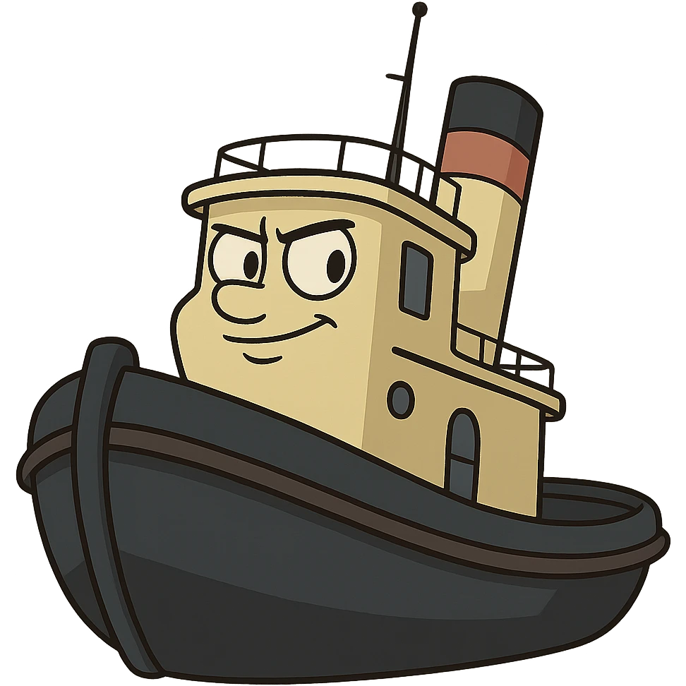 flat cartoon style tug boat with dark hull and cream yellow upper structure emoji