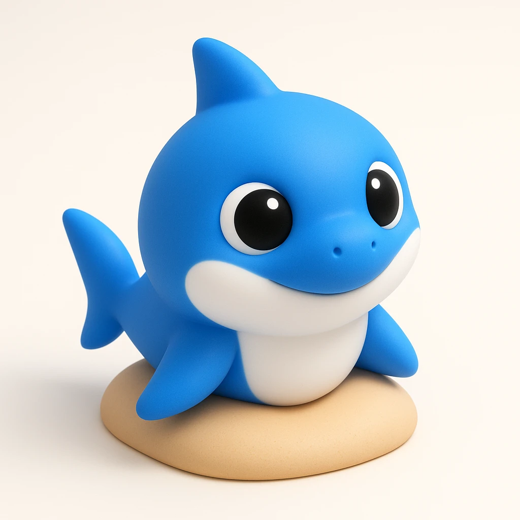 baby shark sitting on the sand, cute big eyes emoji