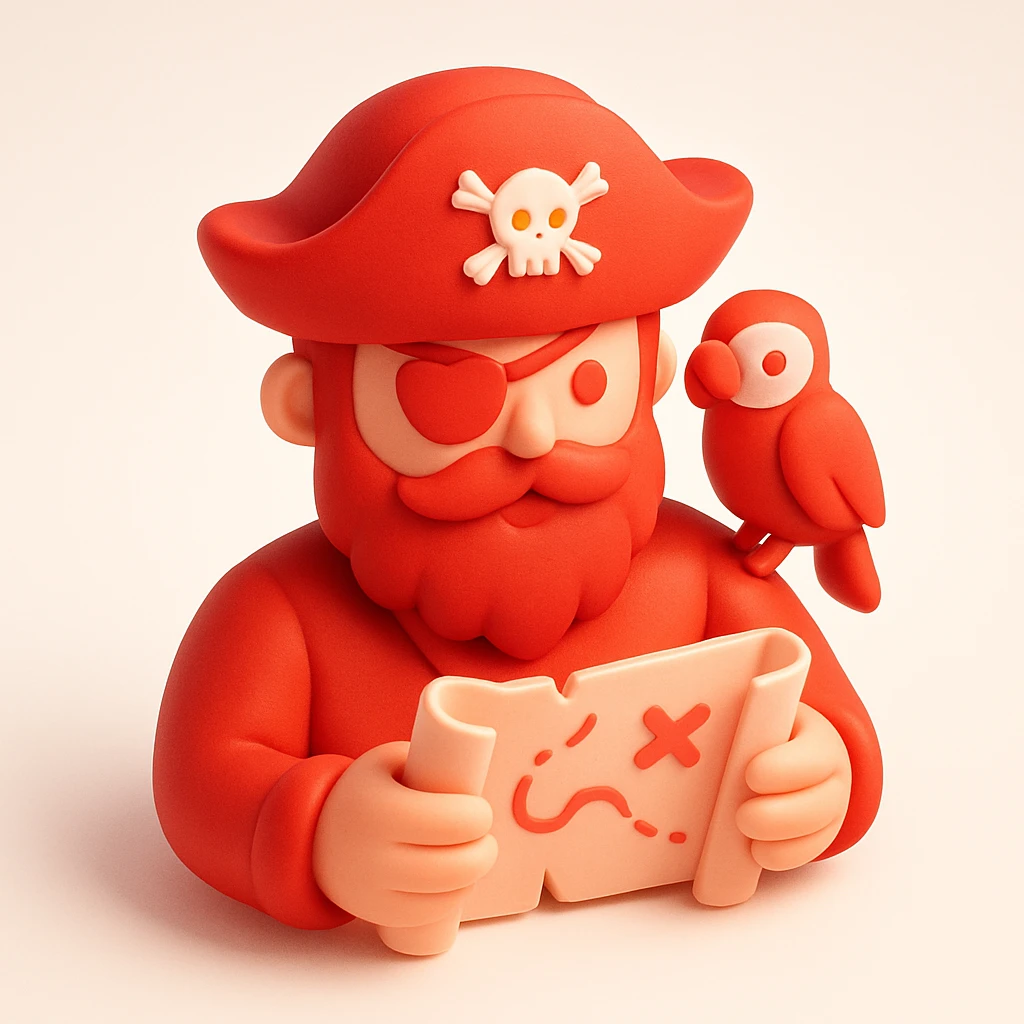 3D red style pirate with eye patch and parrot, bushy beard, treasure map emoji