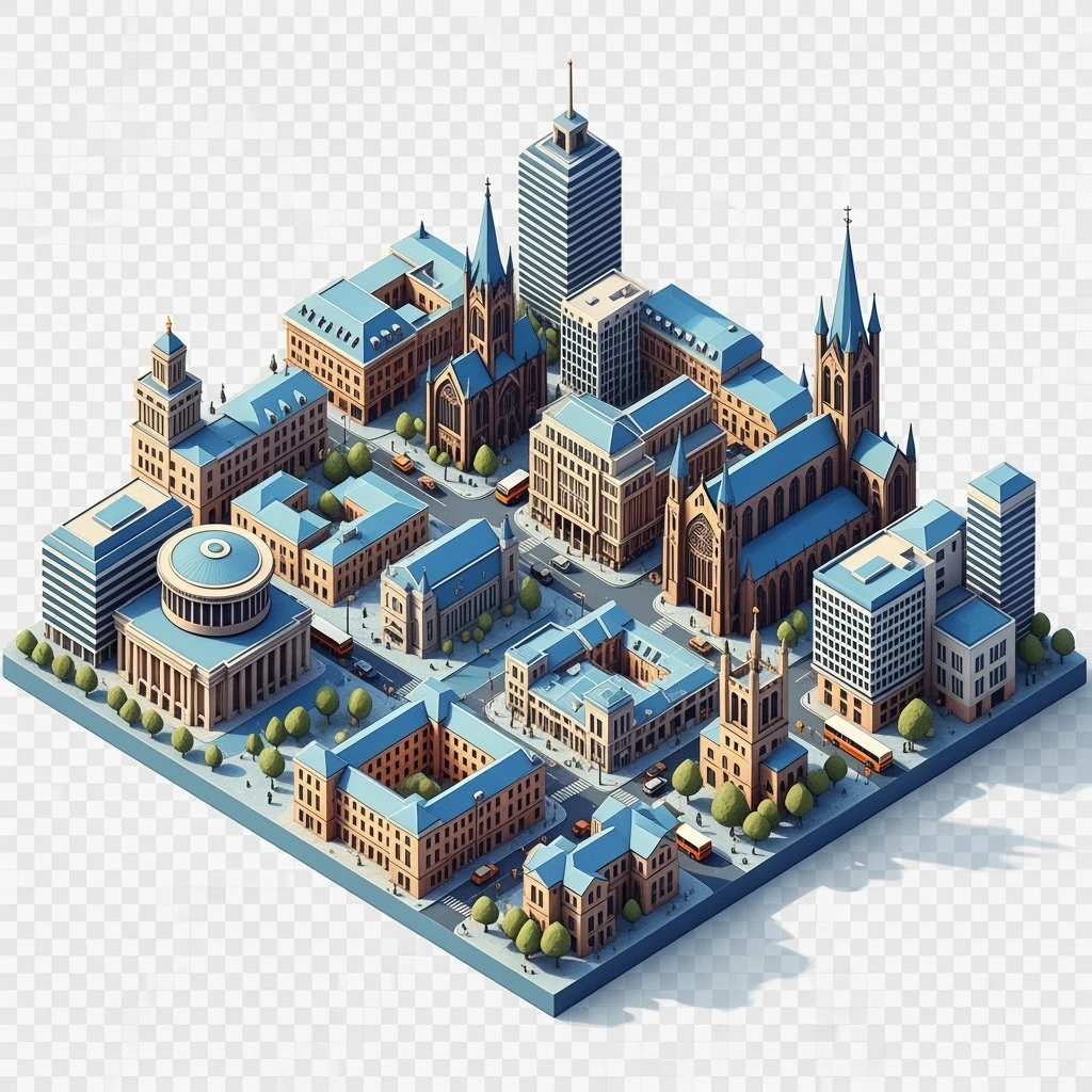 Isometric illustration of Birmingham, balanced between stylized and realistic, 3D miniature effect, transparent background. emoji