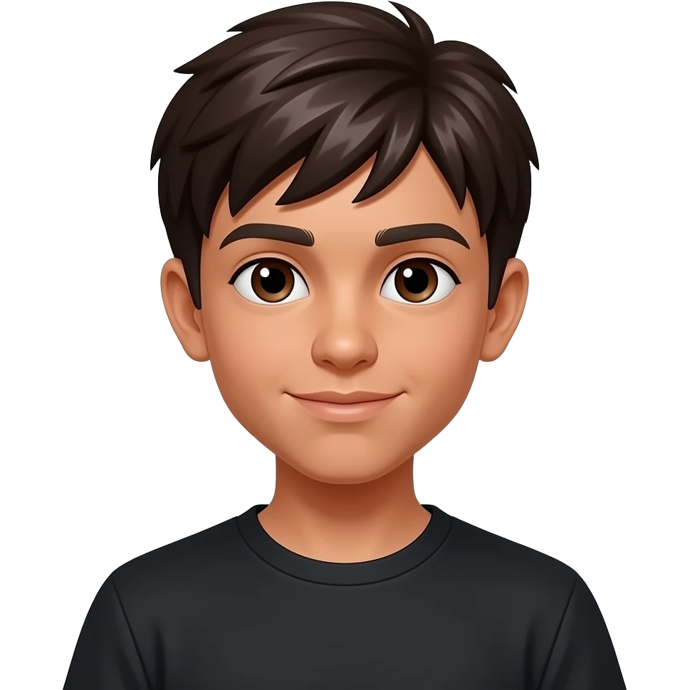 um menino de 13 anos com cara de 12, ele tem cabelo marrom escuro e pele negra, o olho dele  é castanho escuro e ele está usando uma camisa preta emoji