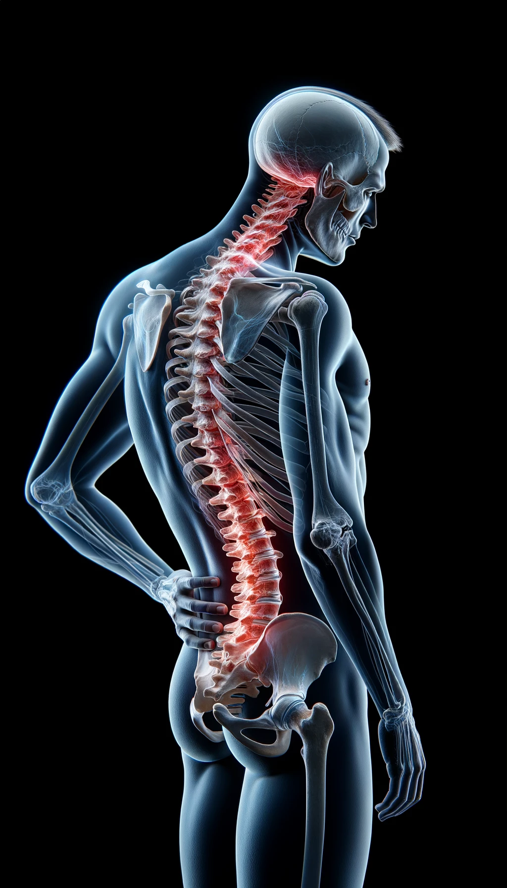 corpo umano anatomico di profilo e fisico storto, spina dorsale in evidenza, dolore alla schiena su un lato, iperrealistico 4k emoji