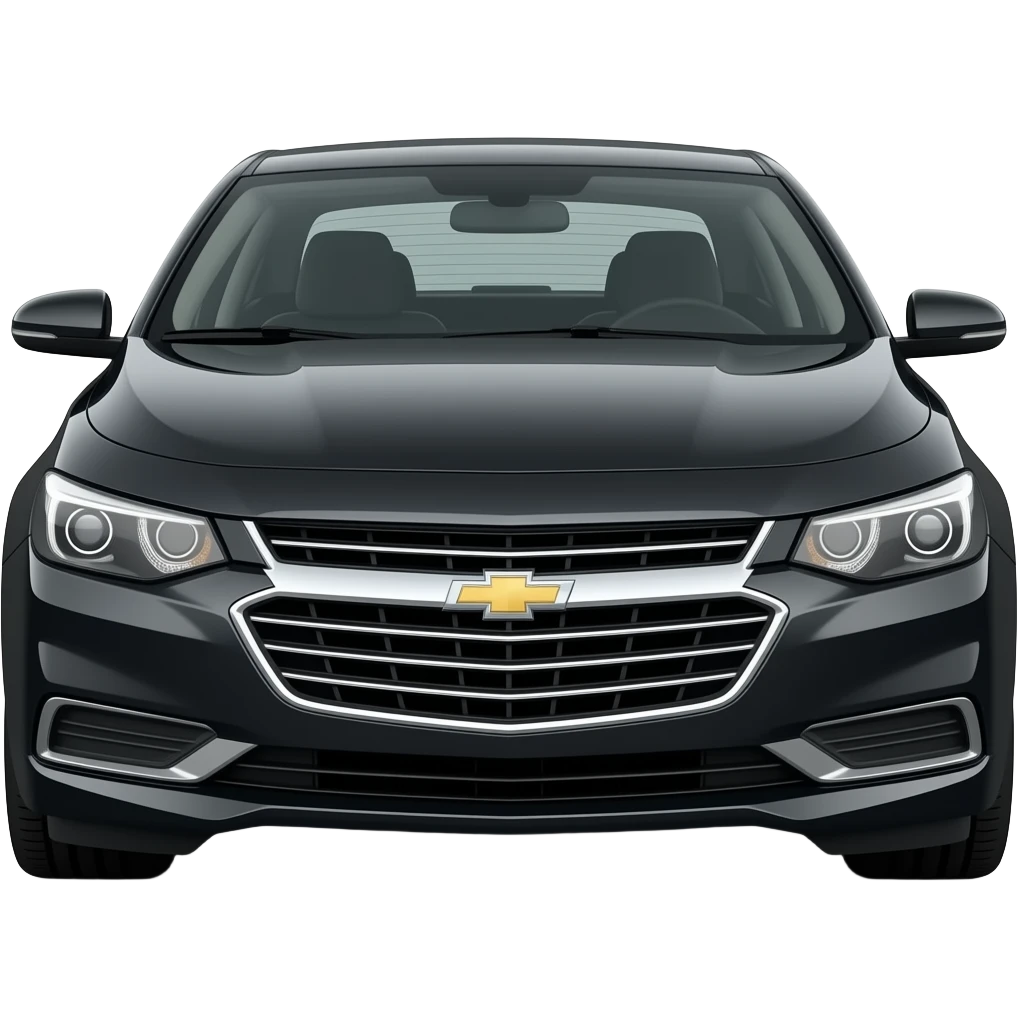 A realistic, high-detail photograph of a glossy black Chevrolet Malibu 2 Turbo Premier sedan with tinted windows, headlights on the front and black alloy rims. emoji