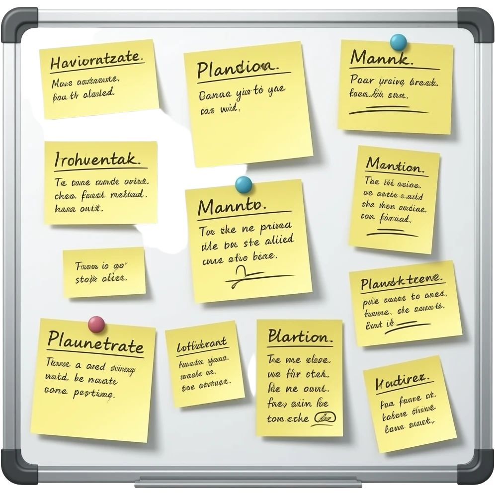 3 sticky notes on a whiteboard with a lot of planning emoji