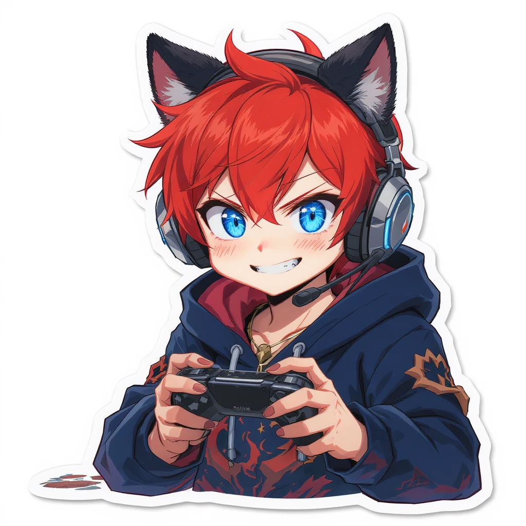 Red hair blue eye boy gaming with wolf ears emoji