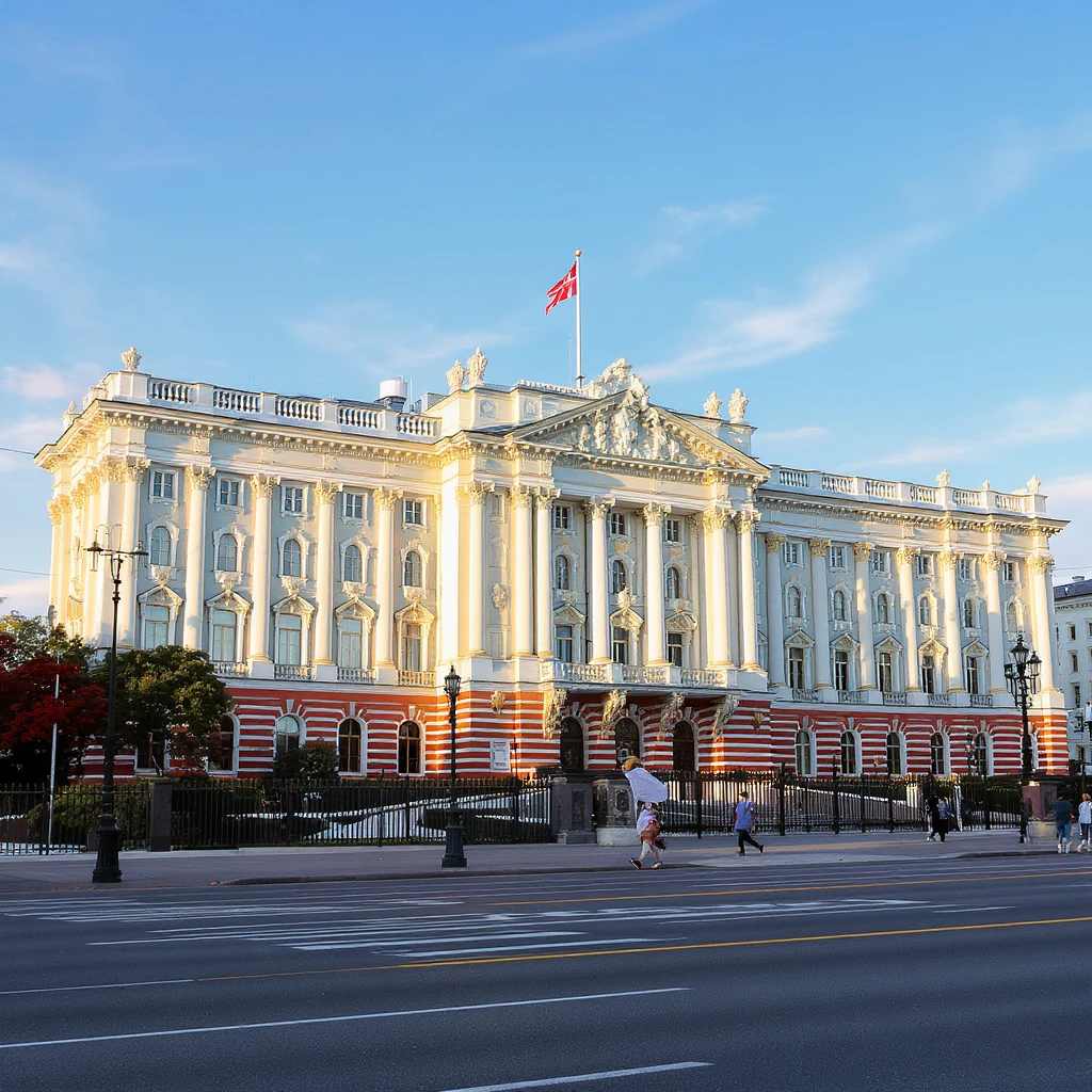 Zoom out for a wider angle view of the White House parliament building in Moscow, maintaining cinematic, realistic style with majestic ornate architecture, lifelike detail, bright lighting, and accurate colors. Keep everything else exactly the same with a fully transparent background and no sky. emoji