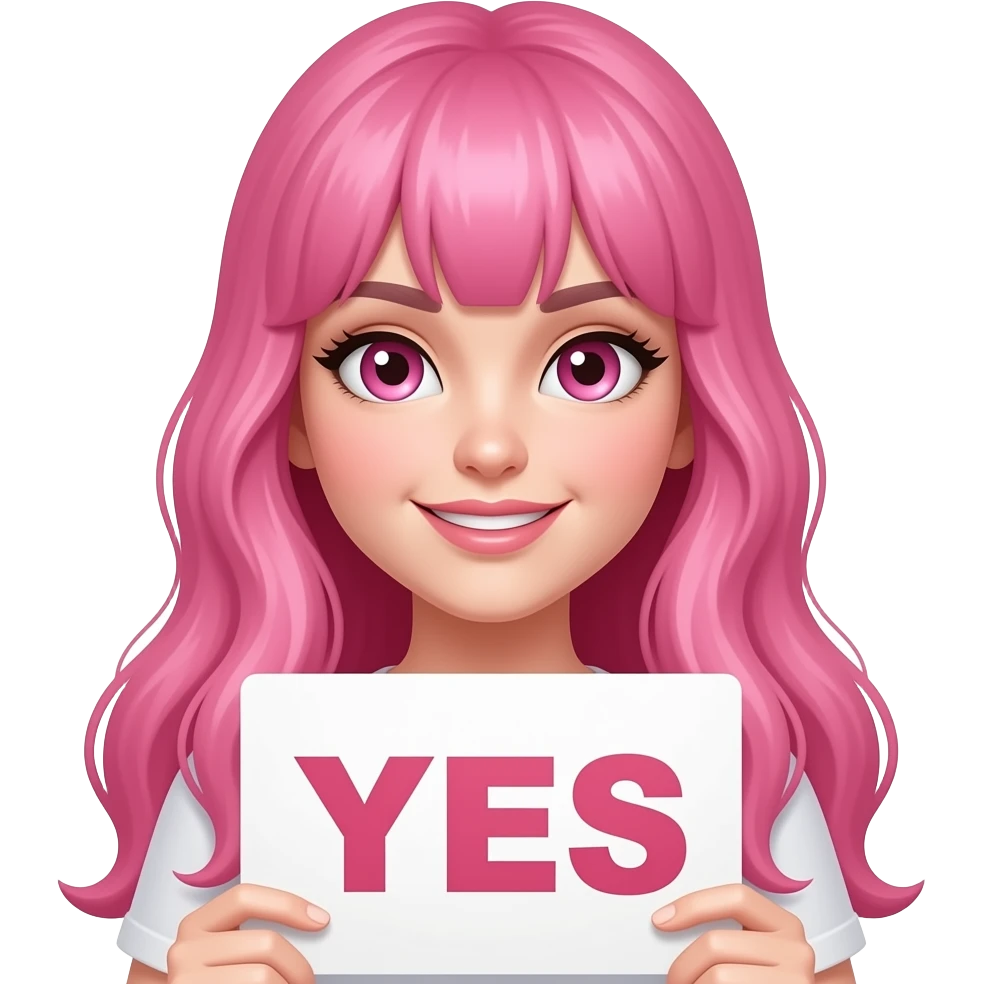 sexy girl with long pink hair and pink eyes holding a YES sign emoji