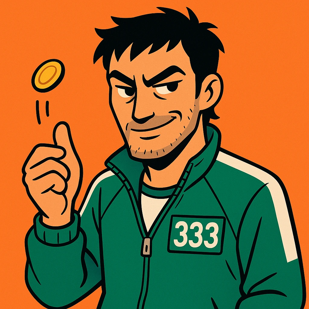 male character in a green Squid Game tracksuit with number 333, smirking, sharp black eyes, messy short black hair, slight stubble, flipping a coin, mysterious and strategic expression, modern illustrated style emoji