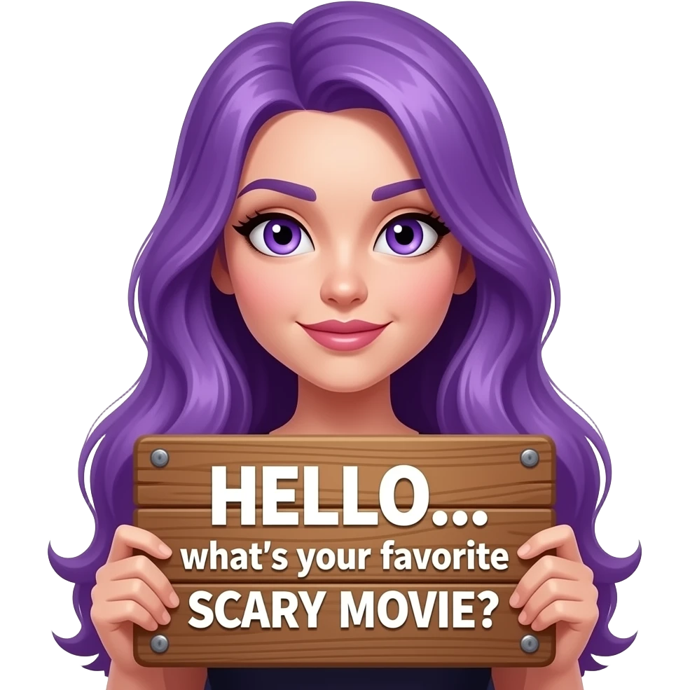 sexy girl with long purple hair and purple eyes holding a HELLO... what's your favorite SCARY MOVIE? sign emoji