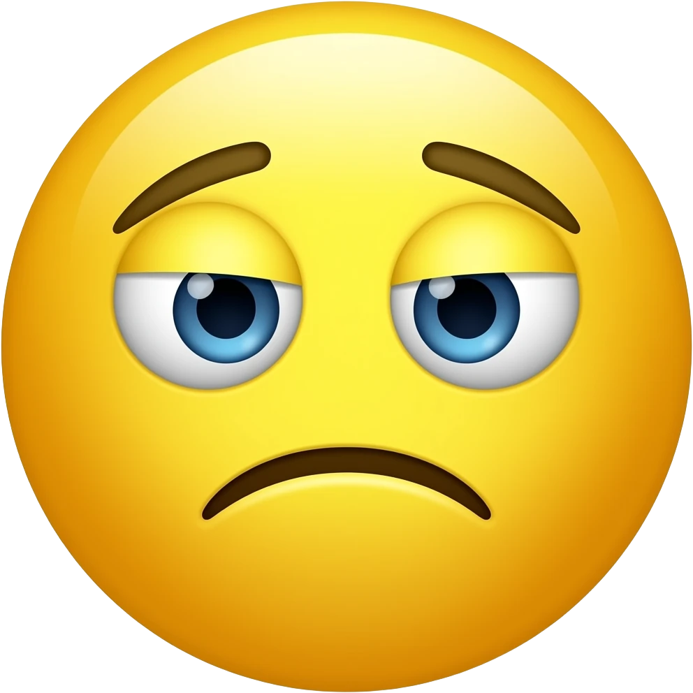 Yellow circle with no nose and eyebrows having a wavy mouth  which looks like the letter s sideways frowning looking confused emoji