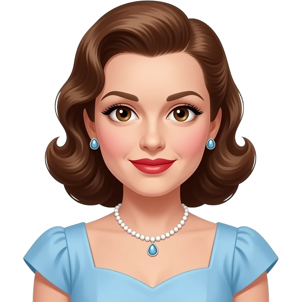 Judy Garland with brown eyes, long brown 40s pin-up hair, light blue hollywood dress, necklace and earrings emoji