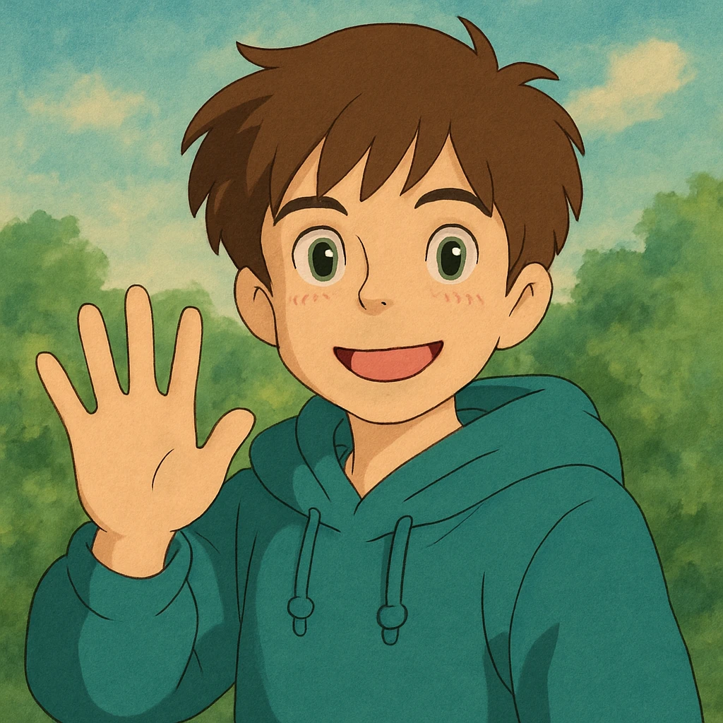 A boy brown hair green eyes with hoodie a hand and say hello emoji