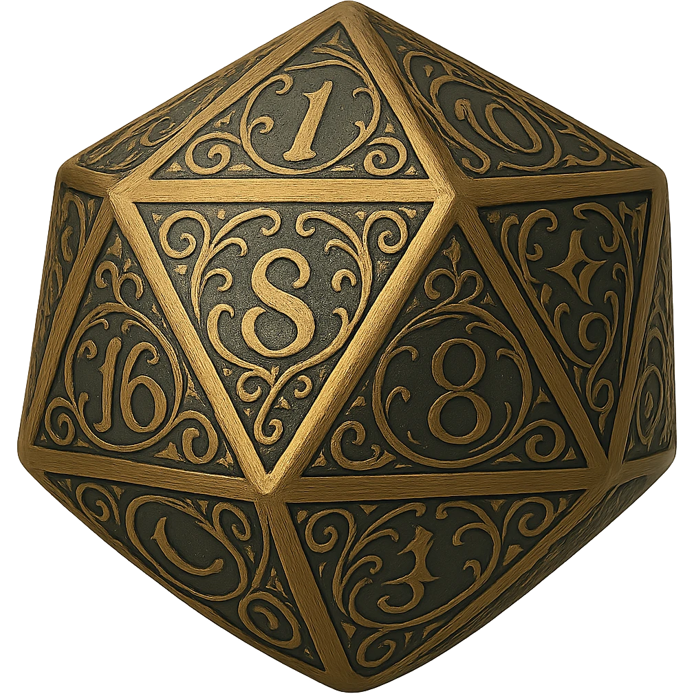 Rotate the D20 dice so the side facing the viewer shows the number 1. Preserve the fantasy style with ornate engravings, mystical symbols, and an elegant look. No background. emoji