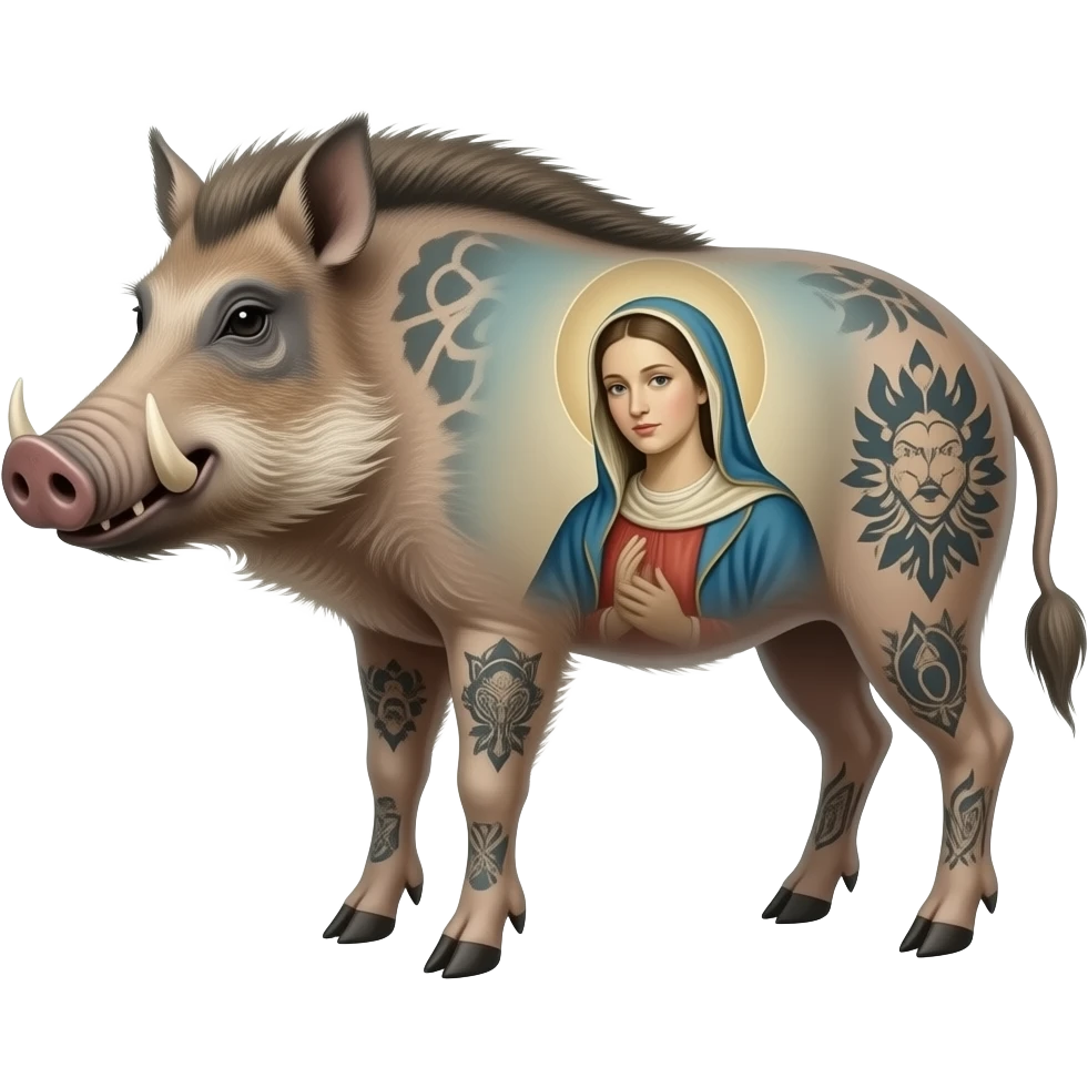 cinematic surrealistic - a tattooed boar with very thin long legs from a painting by Salvador Dali carries the ethereal body of artist Madonna on its back emoji