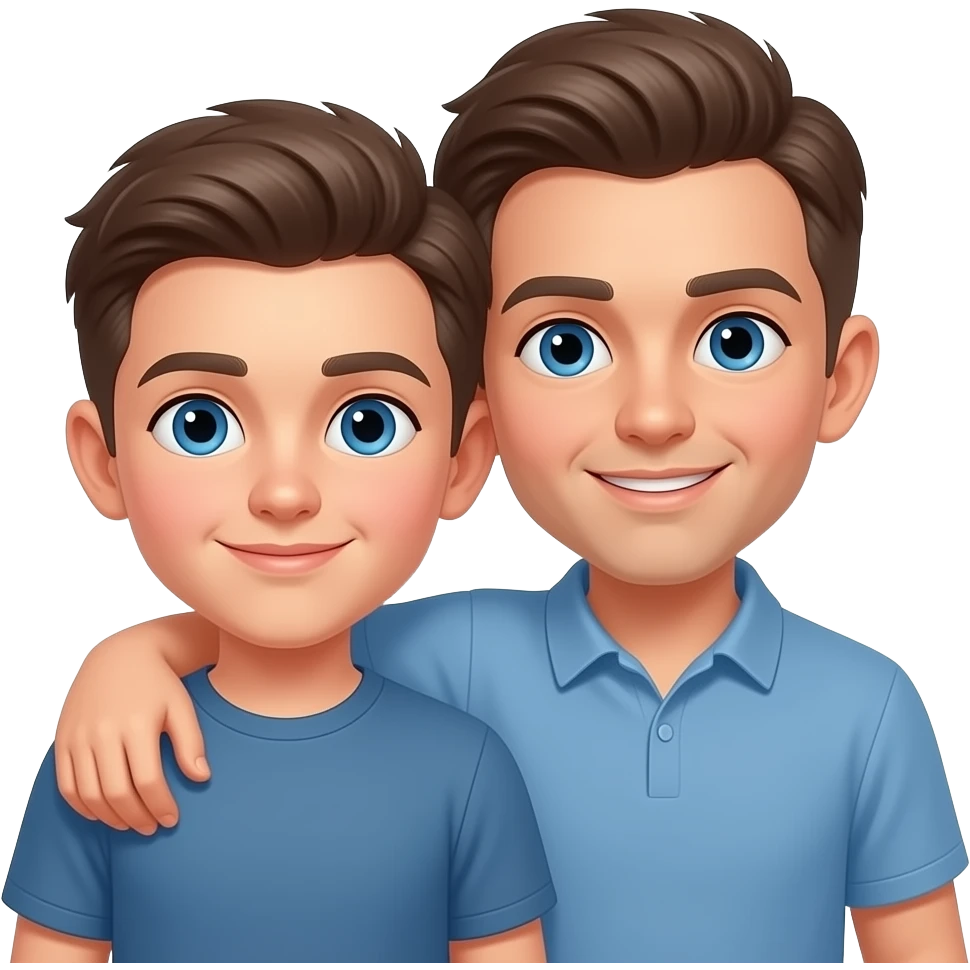 Erstelle ein Emoji von zwei Brüder, der eine um die 20 und der andere um die 24, der älter Bruder legt sein Arm über sein jüngeren und der jüngere legt auch sein Arm um sein Bruder und beide legen die Köpfe aneinander. Beide haben blaue Augen emoji