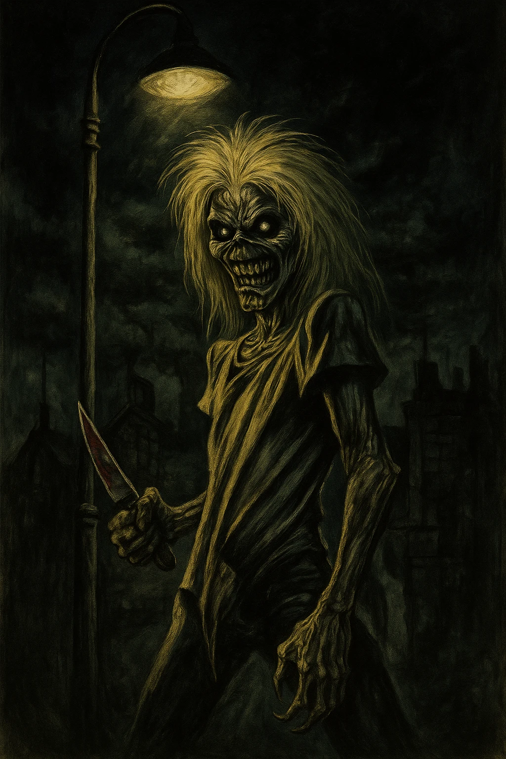 Eddie from 'Killers' album, standing under streetlight, dramatic shadows, horror illustration style emoji