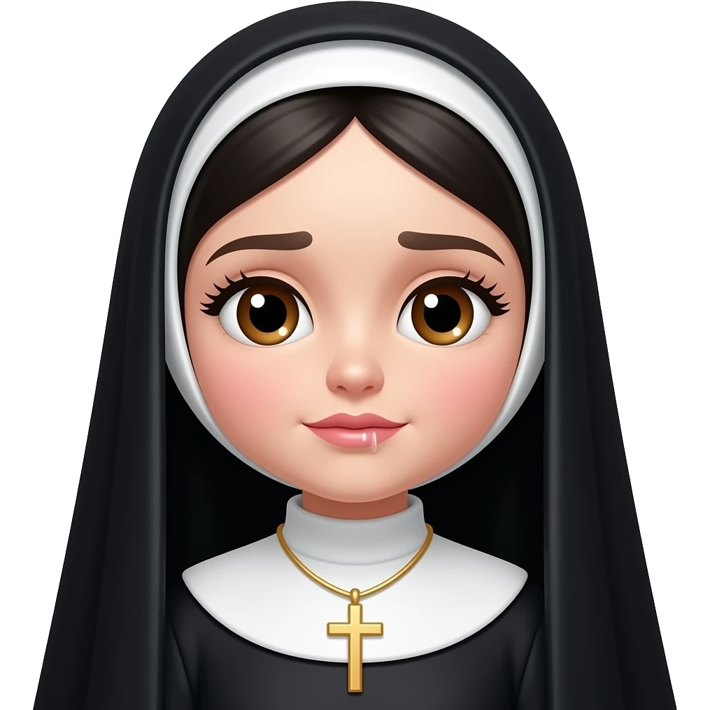 Nun with black hair, big brown eyes and long eyelashes and pity lips, a cute dainty gold cross, white skin, long hair showing emoji