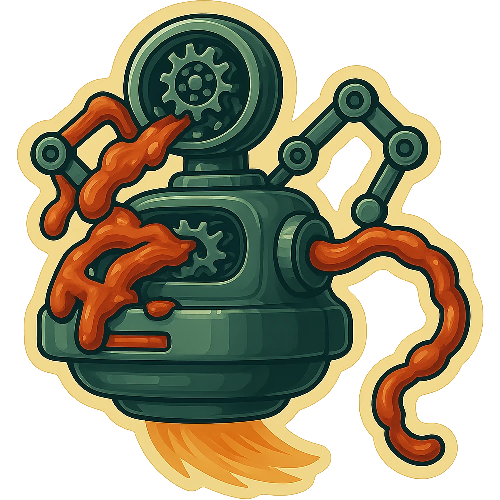 hovering robot. stuffs material into large hole on its top where a head would be. no head. spinning gears and blades in hole grind material.  3/4 view. between realism and cartoon. well lit. no dramatic lighting. metallic shiny robot. works diligently. drake humor emoji