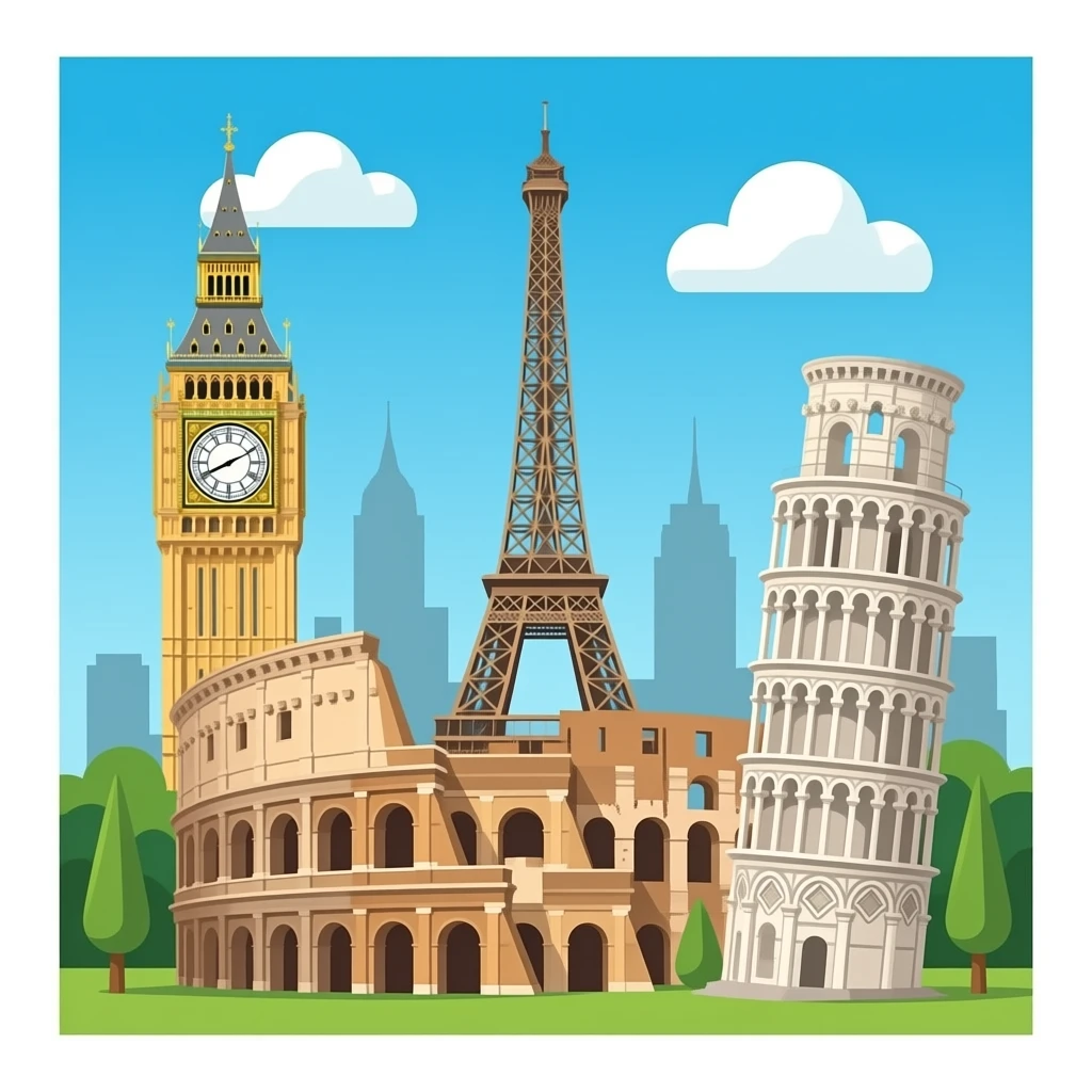Big Ben, Eiffel Tower, colosseum, leaning tower emoji