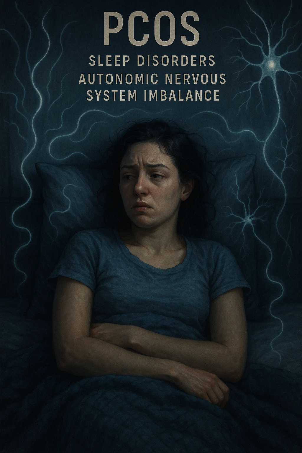 realistic and cinematic vertical illustration of a woman with PCOS in bed, sleep disorders and autonomic nervous system imbalance, agitated, symbols of nervous system imbalance, nighttime atmosphere, detailed, very few writings, 2:3 aspect ratio emoji