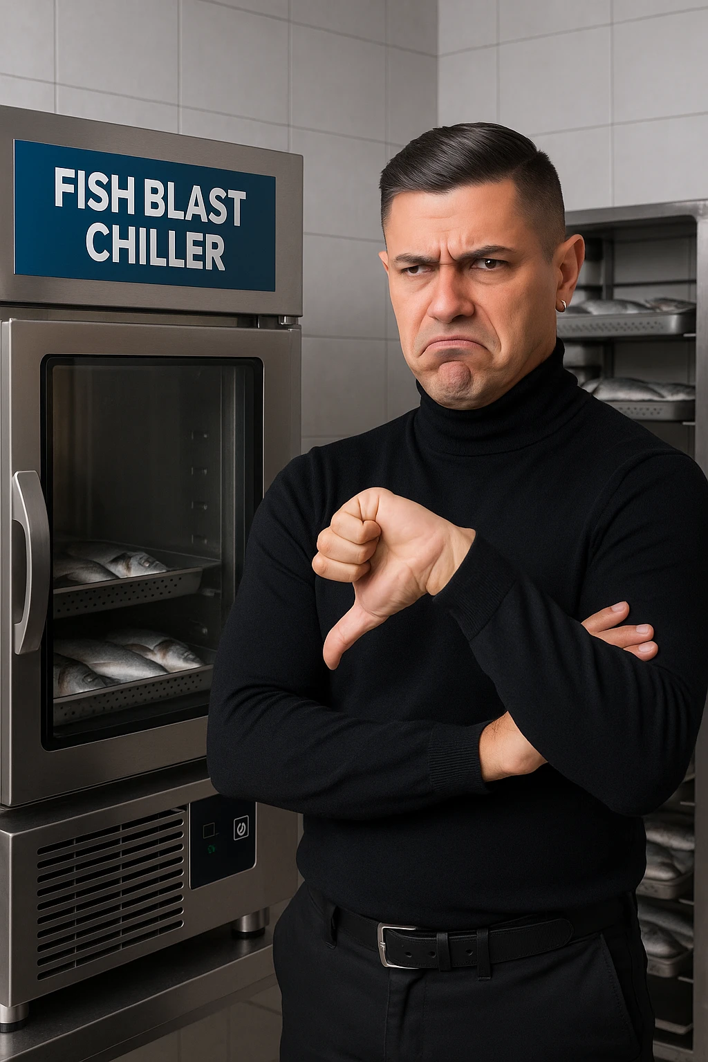 a man stands in front of a commercial fish blast freezer (abbattitore), arms crossed and a displeased, skeptical expression on his face. He shakes his head or gives a thumbs down, clearly rejecting the use of the freezer. The background shows a professional kitchen or fish processing area, with trays of fish ready for freezing. in italiano emoji