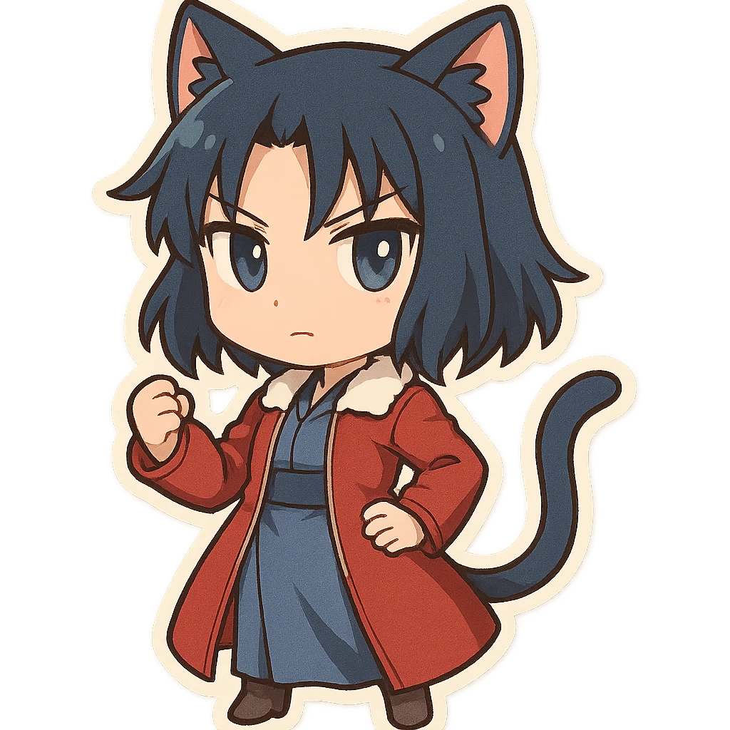 Chibi Ryougi Shiki with cat ears and cat tail, wearing her red jacket, confident pose emoji