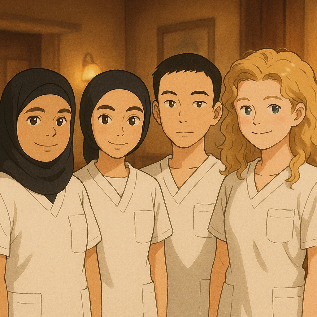 Variation 4: Four nursing students side by side in a warm indoor ambiance, wearing white short-sleeve uniforms without stand-up collars or hijabs under the sleeves, no stethoscopes. Tops are medical tunics with V-neck and left chest pocket. Each student has the face from the provided portraits, in Ghibli style, group composition. emoji