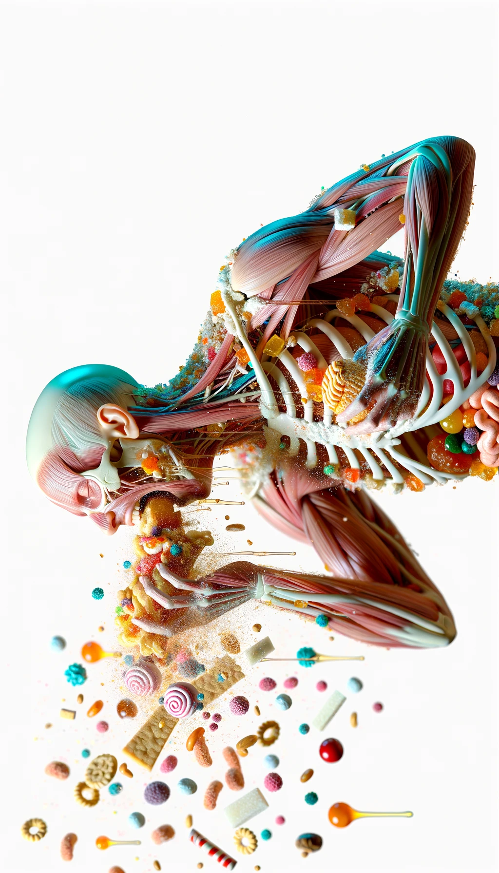 corpo umano anatomico in piedi a figura intera che si abbuffa di dolci e zuccheri, iperrealistico 4k, isolato su sfondo bianco emoji