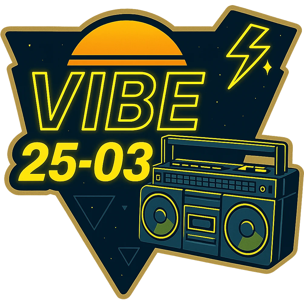 Edit the VIBE25-03 logo by changing all pink elements to neon yellow while preserving the neon 80's synthwave style and the boombox focus. Keep no background (transparent). emoji