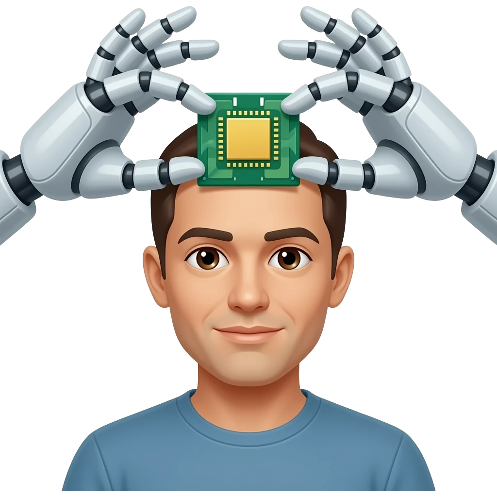 Manos de un robot implantando un chip por detrás de  la cabeza de un humano emoji