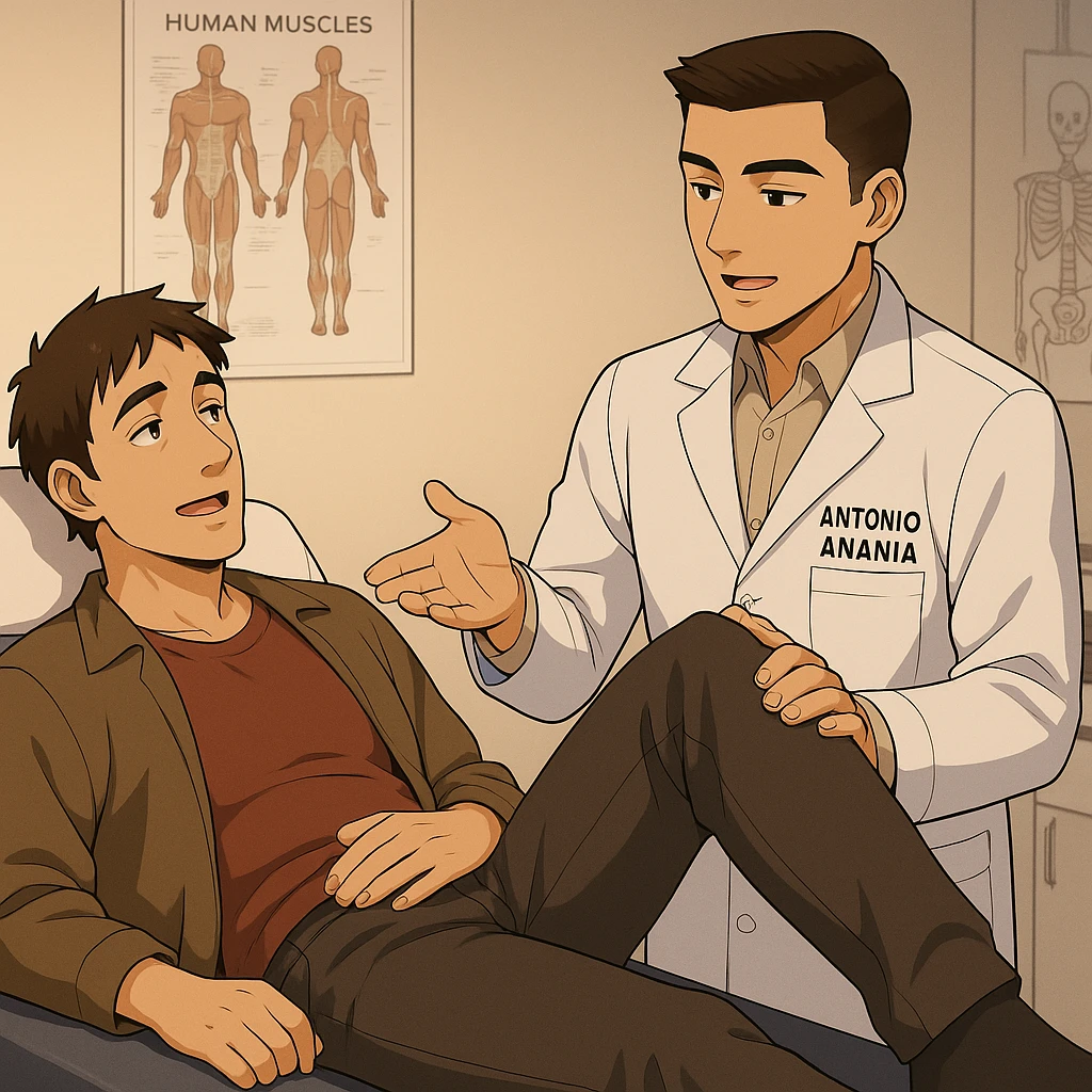 fai un webtoon manga a colori con questo stile, in cui un uomo è steso sul lettino medico e il kinesiologo con il camice bianco (fagli anche la scritta "ANTONIO ANANIA" SUL CAMICE, gli solleva una gamba per fargli il test neuromuscolare, IL KINESIOLOGO SPIEGA ALL'UOMO UNA cosa mentre gli alza la gamba. non fare i fumetti però, fai solo in modo che sembri stiano parlando emoji