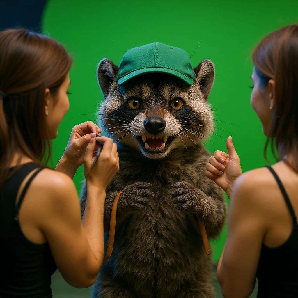 Make this raccon looking cute and make him on a movie set, with a green screen in the background, a raccoon actor is smiling while women are putting makeup on him. The raccoon gives a thumbs up, soft bright light, raccoon wearing green emeralnd color cap emoji