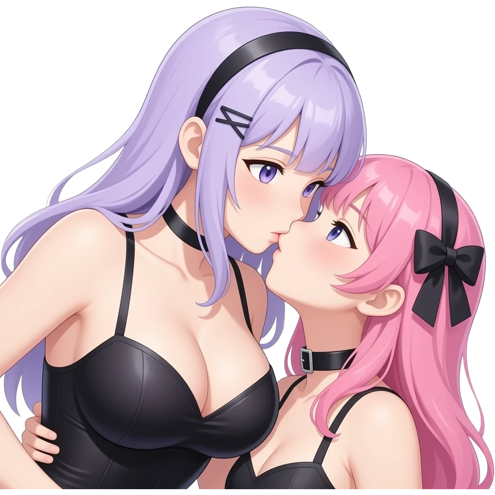 Two anime girls kissing, one on too that has big tits and light purple hair, and one on the bottom which is wearing a collar and has pink hair emoji