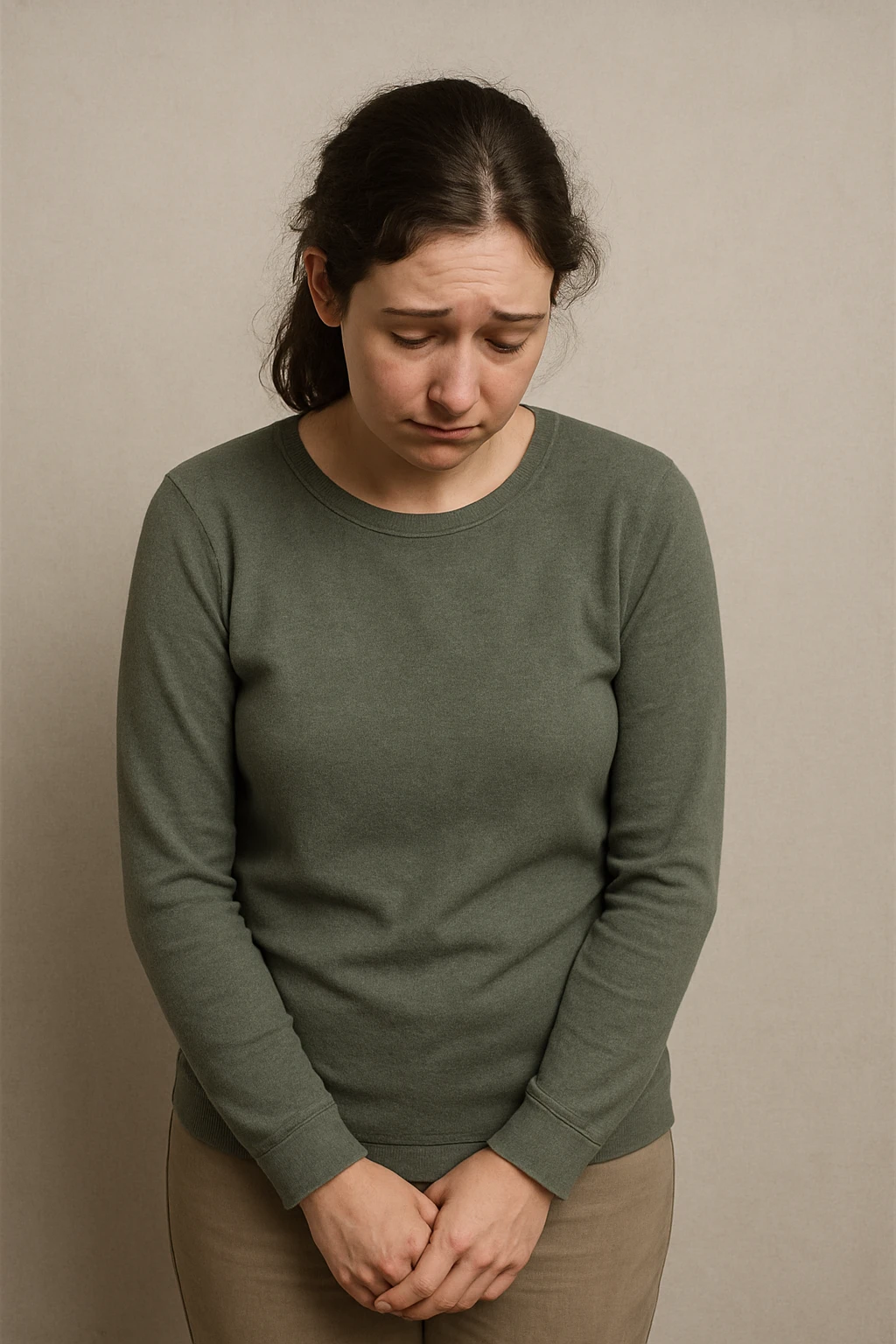 a woman with a shy, uncertain expression, slouched posture, looking down, hands clasped, conveying no confidence, simple background emoji