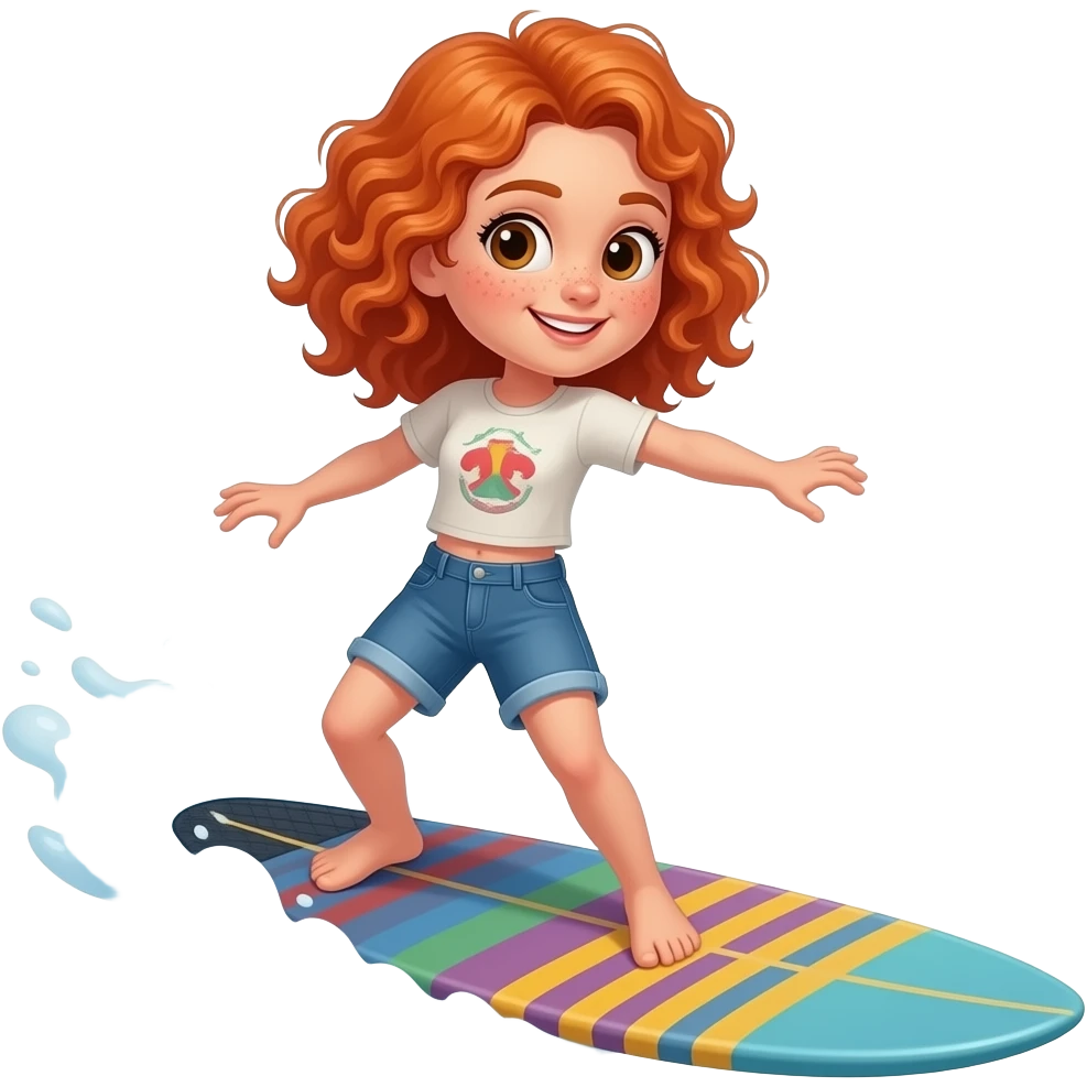Fille rousse bouclés tâches de rousseur surf emoji